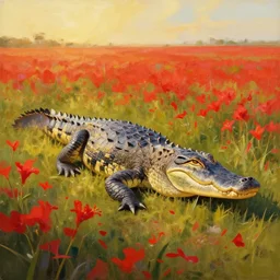 a painting of an alligator standing in a field of red flowers by craig mullins, golden hour, trending on artstation, color field, concept art, artstation hd, matte drawing
