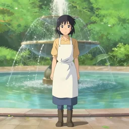 a full body portrait of a young woman wearing a white apron standing in front of a fountain in a park, makoto shinkai,  james gilleard, very detailed, matte, gaussian blur, tone mapped William-Adolphe