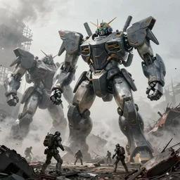 giant mechas fighting over a ruined Japan, massive scale, atmospheric, fog, industrial, bulky, concept art, photorealistic, overcast, ground crew, wreckage