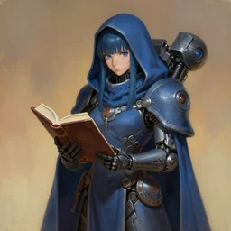 painting of a cute anime girl as a cloaked tech priest holding a book, adeptus mechanicus, cybernetic enhancements attached to his body, zdzislaw beksinski, lewis jones, dariusz zawadzki, wayne barlow, warhammer 4 0 k, cold hue's, warm tone gradient background, concept art, digital painting