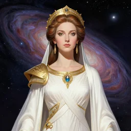 portrait of the powerful empress of the solar system in the style of peter mohrbacher and in the style of lisa frank. glowing, ornate and intricate linework, sharp focus, depth of field, stunning, dynamic lighting, ultrafine and hyperdetailed.