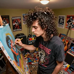 a pretty punk rock young man with messy very long curly dark brown hair up in a ponytail and a band tee painting in a messy 80s bedroom interior, tons of musical instruments and band posters, painting by Craig Mullins, octane rendering, soft warm lighting, wide angle lens, worm's-eye view, trending on artstation,