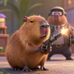 capybara!!! gun gun mob boss holding a gun!!!! gun gun gun gun gun gun gun gun from the new pixar adventure film!!! capybara!!! with!! gun!!!, 8 k, f 1. 8, macro