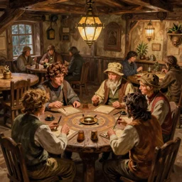 hobbits playing d & d in a tavern, by alan lee, intricate, highly detailed furnishings, digital painting, artstation