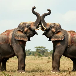 the elephant duel of warlords who fight on back of their decorative war elephants, high quality realistic face, a colorized photo, colorized, # film, movie still