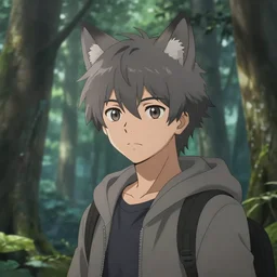 aesthetic image of an anime boy with wolf ears in a forest, detailed