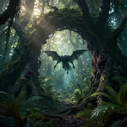 a dementor flying through a ravenous, horrific portal to hades embedded in a creepy tree in a densely overgrown, magical jungle, fantasy, dreamlike sunraise, stopped in time, dreamlike light incidence, ultra realistic