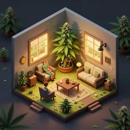cannabis utopia room, fun isometric cartoon by earle, eyvind