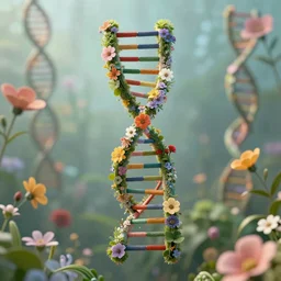 DNA, deoxyribonucleic acid, futuristic, made with flowers and plants, very detailed, beautiful