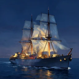 british warships passing in the night, environment concept art, high detail Impressionist style, dreamy light color palette, concept art stunning atmosphere, trending on artstation, volumetric light