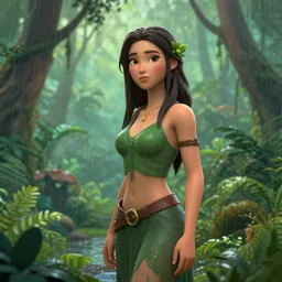 beautiful jungle woman in the rainforest 3 - d 8 k resolution, concept art, detailed matte painting, digital art, artstation, amazing background, devianart, digital illustration, colorful lovely dreamscape in soft colors storybook illustration by anne stokes,