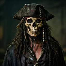 70mm photo of a real dirty skull masked dirty rugged old pirate lord wearing a Skull Bone Mask dirty old black hat, worn black coat, long black beard and long black hair, dark scene with dim light, movie scene, depth of field