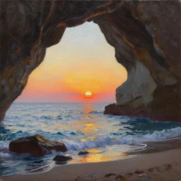 a sea cave at sunset, oil on canvas