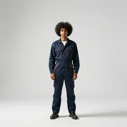 afro-haired mechanic in overalls, cinematic studio photo, full body, standing, isolated on a pure white background, centered, whole figure in frame, sharp focus, studio lighting