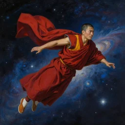 tibetan monk flying through space, realistic space art, beautiful painting, trending on artstation,