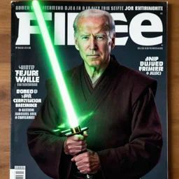 joe biden as a jedi with green lightsaber cover of magazine. High quality.