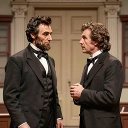 A reenactment of Abraham Lincoln and John Wilkes Booth theatre encounter, photorealistic, detailed, 8K
