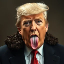 donald trump sticking his tongue out at camera and large bird poop on shoulders, style of rembrandt