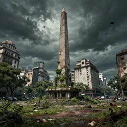 panoramica del futuro de buenos aires en ruinas, apocaliptico, avenida 9 de julio obelisco, overgrown mold and decay, oversaturated, dark fantasy zombie environmental art