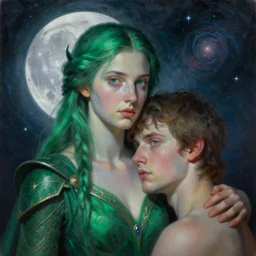 emerald valkyrie vaholds the moon and the son, in the background you can see the universe. by Daniel F. Gerhartz, hyperrealistic oil painting, 4k, very detailed faces, studio lightning