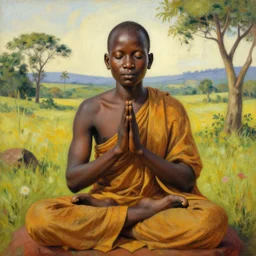 contented peaceful congolese!!! bodhisattva, praying meditating, in a scenic environment, detailed, portrait by ernie barnes and gerard sekoto