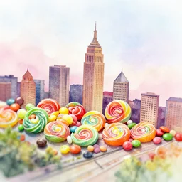 cityscape made of candy, tilt - shift, watercolor