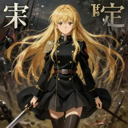 baroque oil painting japanese light novel cover illustration lotr anime key visual full body action shot | young girl crusader black military uniform | long flowing blone hair fantasy battlefield scene | symmetrical perfect face fine detail delicate features quiet gaze | gapmoe kuudere moody lighting bokeh | trending pixiv fanbox | by greg rutkowski makoto shinkai takashi takeuchi studio ghibli