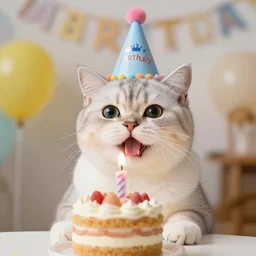 photo of a cute happy cat with a party hat celebrating his birthday with a cake. highly - detailed, sharp focus, award - winning