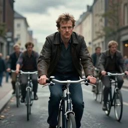 cinematic shot epic portrait christopher eccleston riding a bicycle in the streets, atmospheric, cloudy, broad light, ambient occlusion, volumetric light effect, made by ivan aivazovsky, peter mohrbacher, greg rutkowski, ross tran, matte painting, trending on artstation, 4 k, perfectly defined features, digital painting, cinematic, epic, highly detailed,