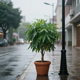 realistic potted houseplant going for a walk down a street in the rain streetlamp on 3 5 mm cinematic