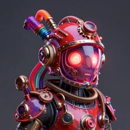 awardwinning photo of a steampunk avatar, wearing a glowing red and purple metallic steampunk helmet with multicolored tubes and shiny metallic devices, 3 d render, crisp, 8 k, fluorescent colors, insanely integrate, nikon photography