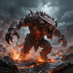 furious tarrasque running over earthquakes and rivers of lava in the middle of a cataclysm, huge storm, moody, dramatic lighting, d & d, epic, fantasy art, artstation, 4 k