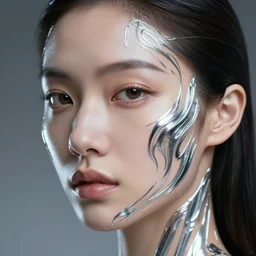 asian - european woman face portrait, face covered with chrome lines, ethereal, highly detailed, by andrew chiampo, beeple, artstation, and frederik heyman, extremely detailed woman, stunning volumetric lighting, hyper realism, fantasy, intricate detail,