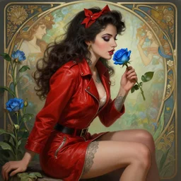red jacket tattooed pinup spanish girl sits on a garden smelling a blue rose, deep focus, turnaround, fantasy, intricate, elegant, highly detailed, digital painting, artstation, concept art, matte, sharp focus, illustration, hearthstone, art by artgerm and greg rutkowski and alphonse mucha.