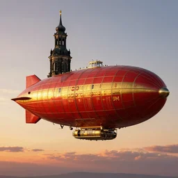 airborne steampunk dirigible graff zeppelin that strongly resembles frauenkirche dresden, aircaft carrier, inspired by neuschwanstein castle, imperial bavarian and prussian, red gold black, straigt lines, dieselpunk, german, napoleonic, floating above 1 8 5 0 s bavaria, gorgeous sunset by david levy vyle art, artstation