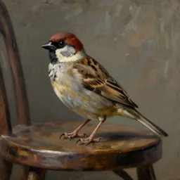 by diego velazquez, artstation, oleo, an oil painting of a sparrow perched on a chair, sharp focus, highly detailed