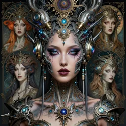 hyperrealistic detailed portrait of a beautiful goddess in a cyber headdress, intricate cyberpunk make - up, art by android jones, ernst haeckel, nekro borja, alphonso mucha, h. r. giger, ornamental gothic - cyberpunk,