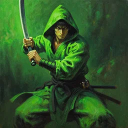 the green samurai!!! a highly detailed cinematic oil painting by roger dean and alena aenami, dynamic lighting