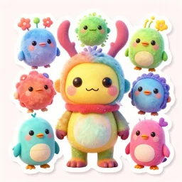 cute imaginary otherworldly creatures, bright colors, 3 d, surrealistic, insanely detailed, sticker art