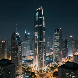 futuristic cityscape at night, cinematic lighting, buildings designed by Ray Caesar, artstation