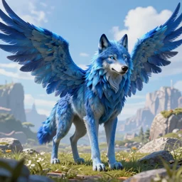 Blue feathered wolf with wings on a beautiful fantasy landscape, post processing, ultra detailed, trending on artstation