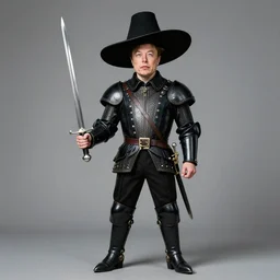 full body photo of elon musk in the shape of a musketeer, he has a big black hat and holds a shiny sword
