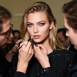 A beautiful portrait of Karlie Kloss as a model at Chanel fashion show Paris Spring/Summer 2018, highly detailed, in the style of cinematic, fashionweek backstage,  makeup by Pat Mcgrath, shot by Greg rutkowski