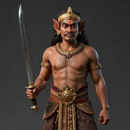 a medium shot, studio photographic portrait of gatot kaca by David Silis,javanese mythology,holding a keris sword,concept art,realistic,photorealistic,digital art,unreal engine,8k