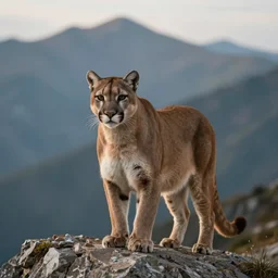 a beautiful portrait of a cougar on top of a mountain, mountains in the background, hyper realistic, natural light, atmospheric and cinematic lighting