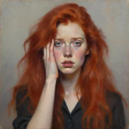 hyperrealism oil painting of redhead emotional fashion model portrait