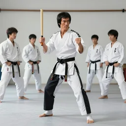 Photograph of Bruce Lee holding nunchuck , surrounded by karate fighters in dojo
