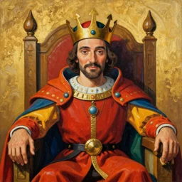 A portrait of Mr. Bean depicted as a medieval king on throne, close up shot, Memphis Group, 1980s, bold, kitch, colourful, shapes, beautiful, rich deep colours masterpiece, golden hour, sharp focus, ultra detailed, by Leesha Hannigan, Ross Tran, Thierry Doizon, Kai Carpenter, Ignacio Fernández Ríos