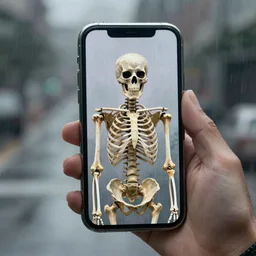 Skeleton using a phone, rain, digital painting, photorealistic, trending on ArtStation