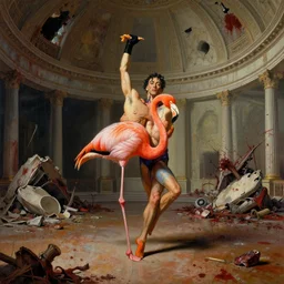 a highly detailed painting of an elegant male dancer with flamingo legs by salvador dali and vadim stein, in a domed destroyed ballroom splattered with rot and decay by albrecht durer, dramatic lighting, insanely detailed